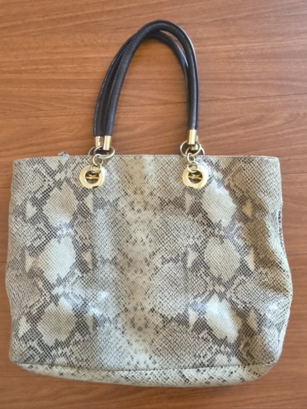 Cynthia Rowley Learher Snake-Print Tote Bag with Brown Handles